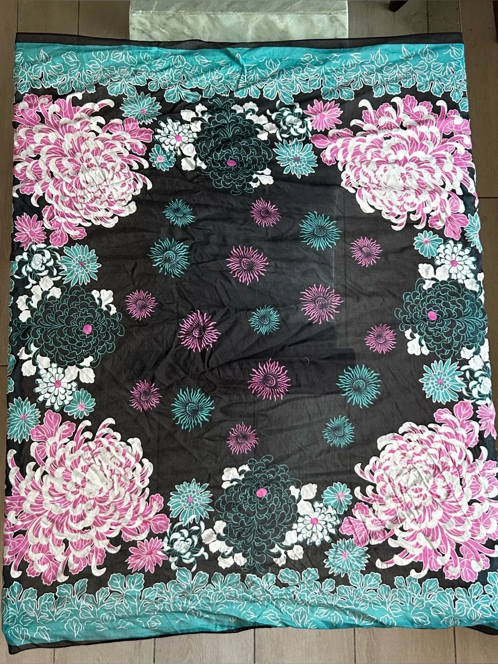 Women’s Black Floral Print Skarf with Teal & Pink Accents